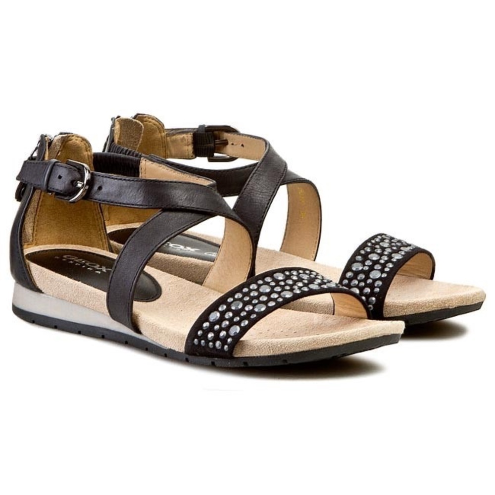 GEOX Resipira Leather Sandal with Silver Metallic Accent Size 38 / 7.5
